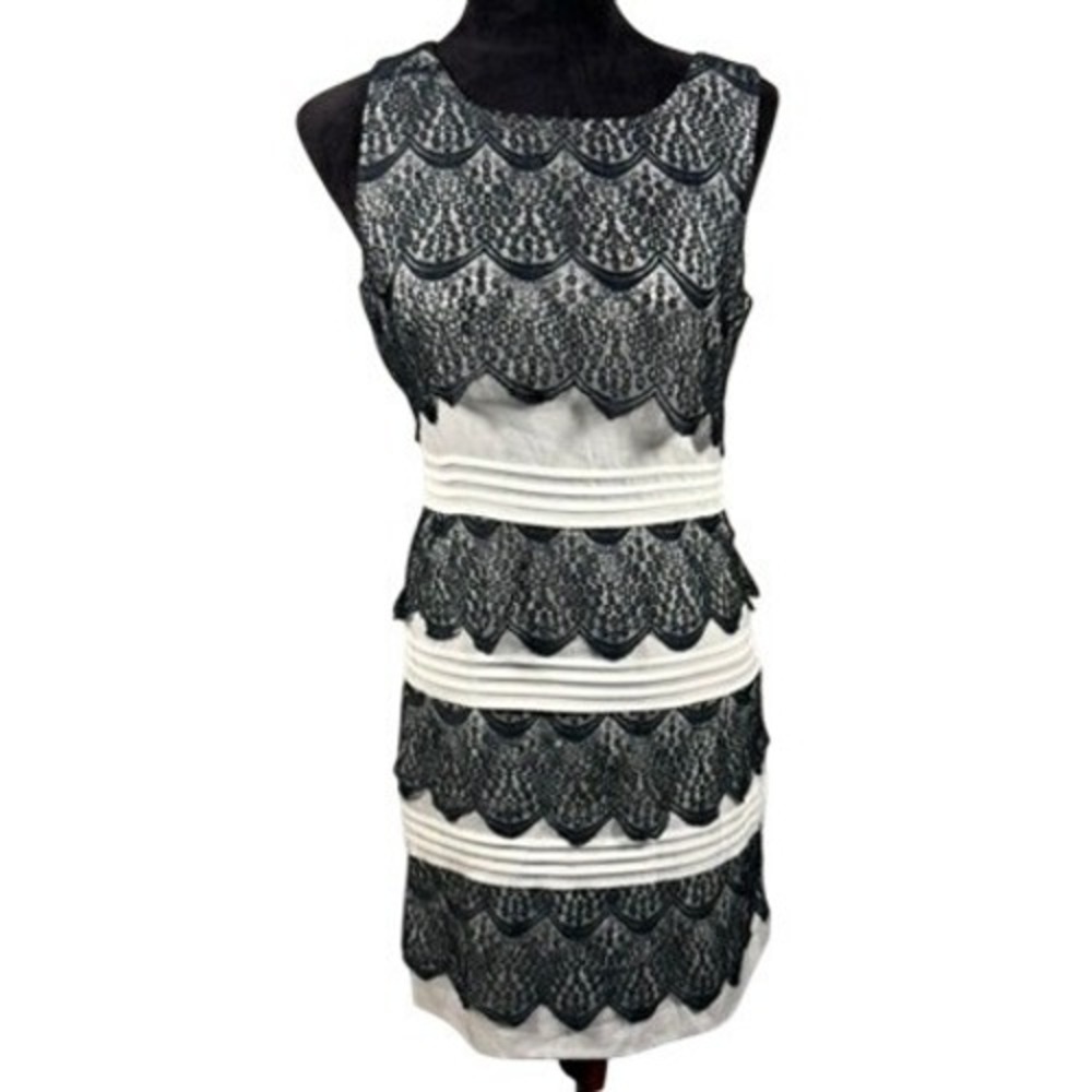 Lorenna Cocktail Dress Womens 6 Black White Excellent Lace Tiered LYM6T189